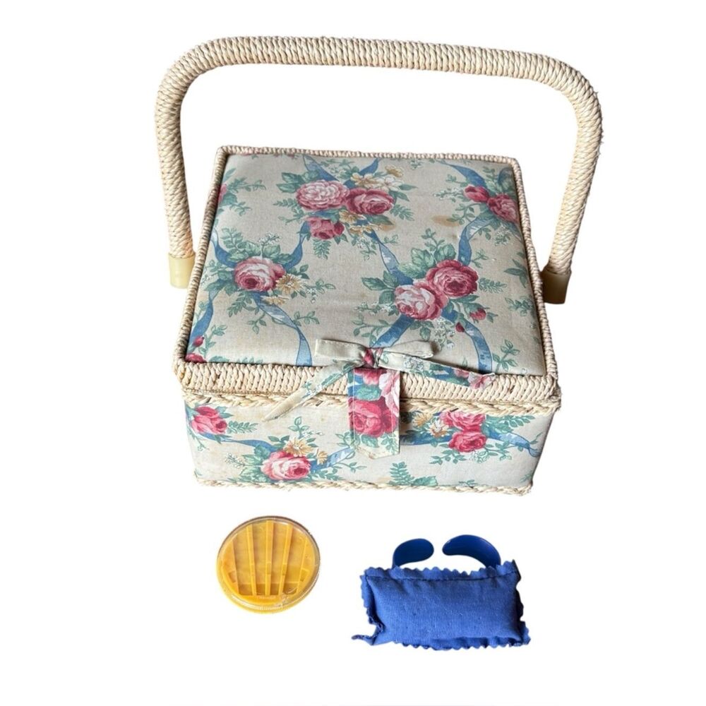 Vintage Floral Fabric Sewing Basket With Woven Handle and Lid Cream Pink Blue